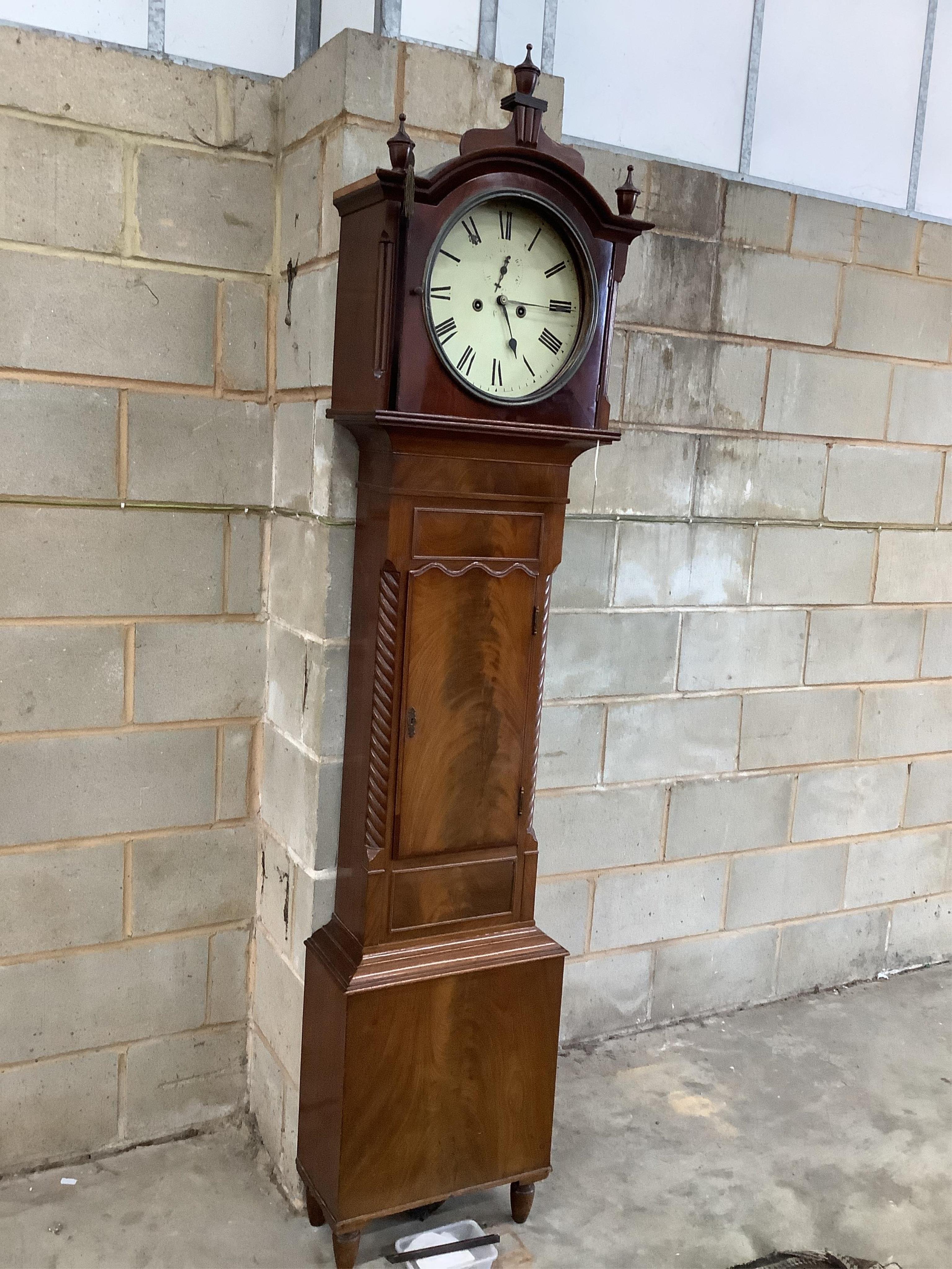 An early Victorian mahogany eight day longcase clock with a circular enamel dial, height 218cm. Condition - fair, lacks dial glass